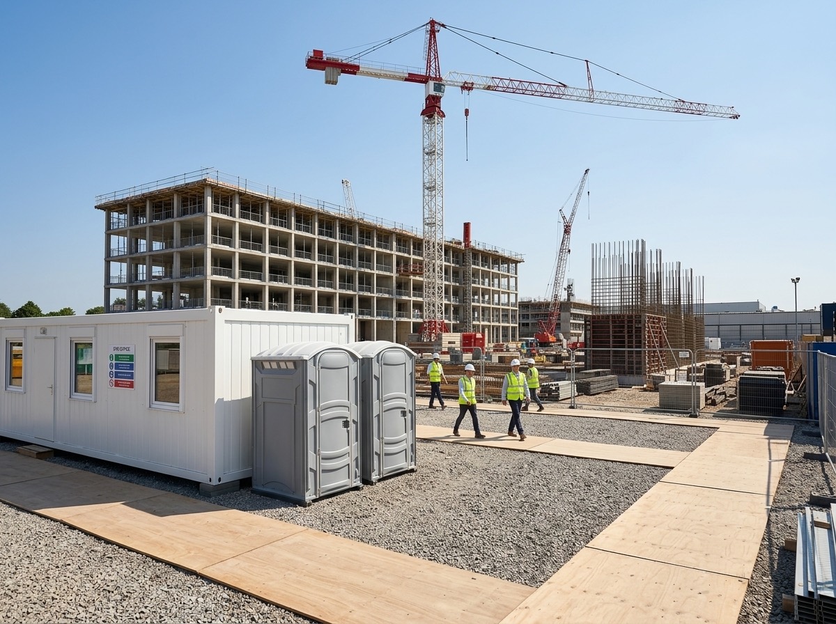 Two portable toilets beside a site office on a building construction site with a tower crane