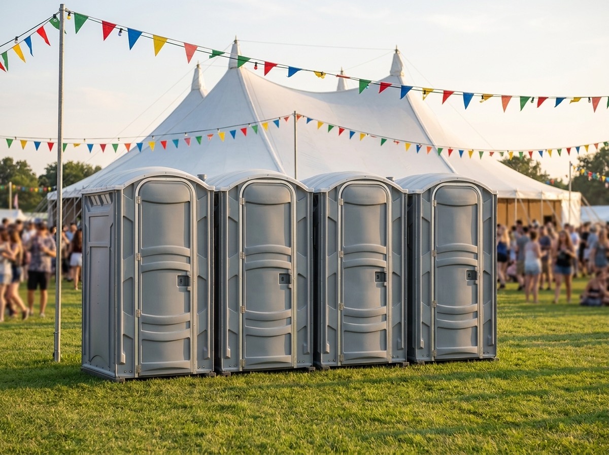 Four portable restrooms lined up on the grass at an outdoor festival