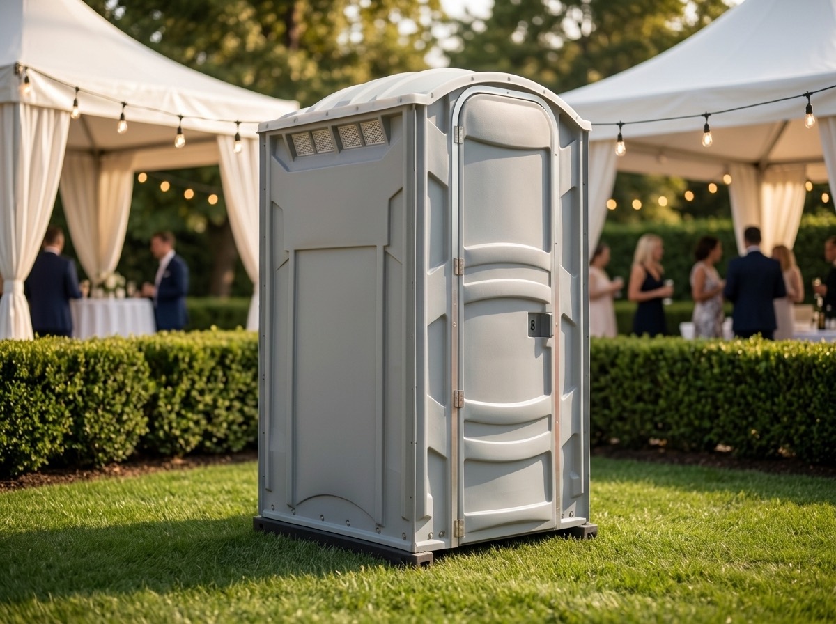 Deluxe event portable restroom on a lawn