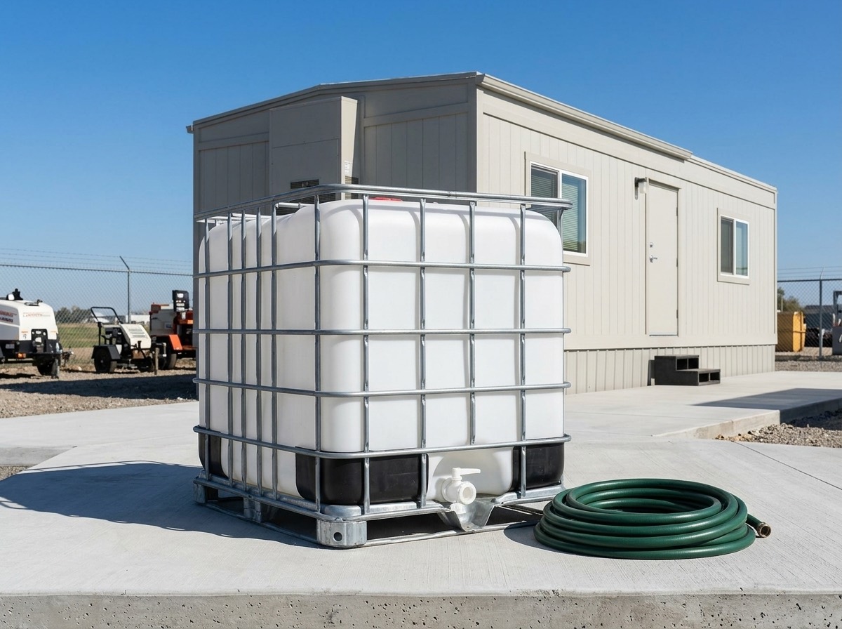 Plastic waste holding tank beside a jobsite office trailer