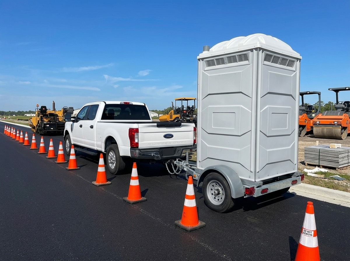 Porta potty units mounted on a towable trailer hitched to a pickup truck