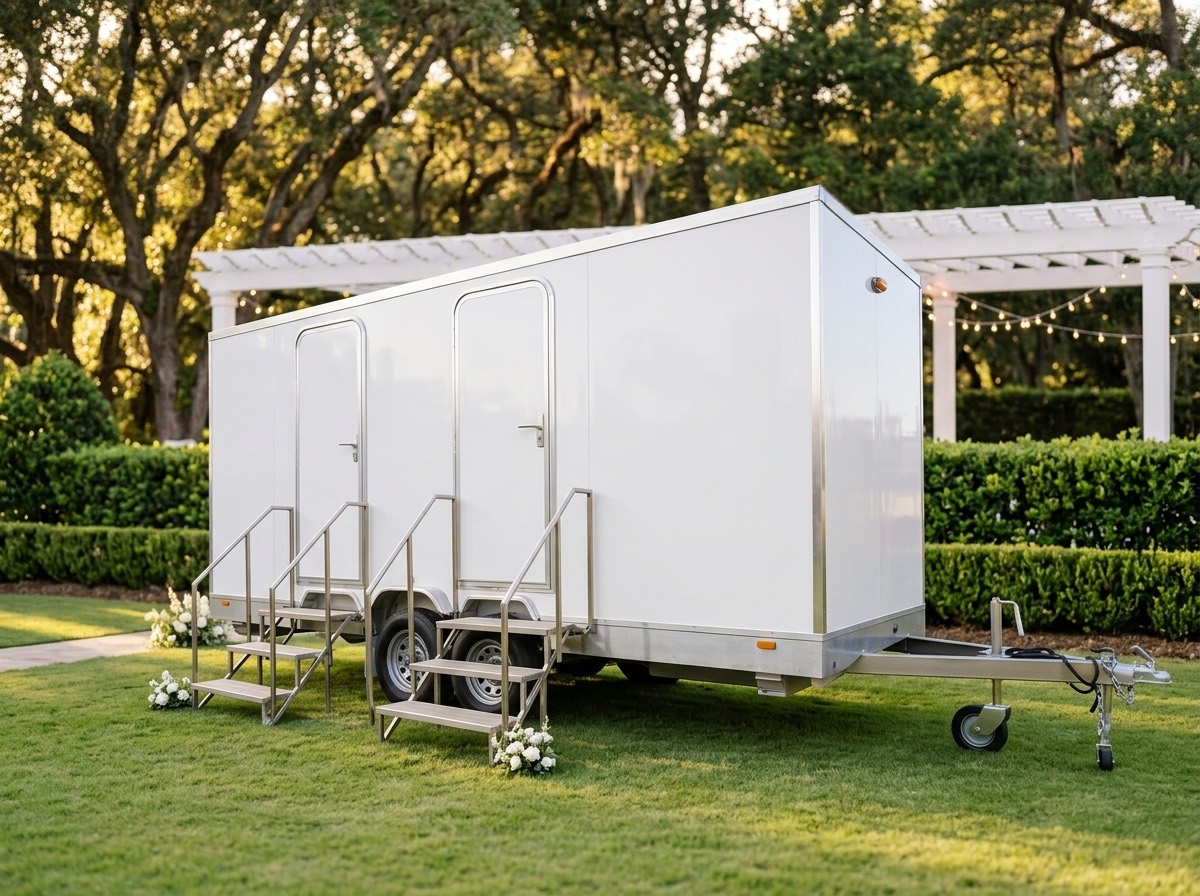 White luxury restroom trailer at an outdoor wedding venue